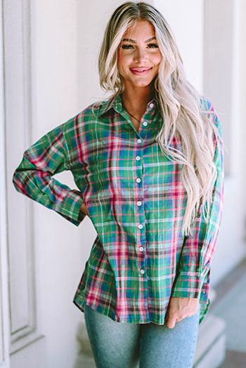 Green Plaid Long Sleeve Button Down Split Shirt