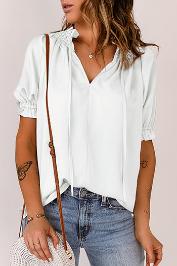 White Split Frill Neck Puff Sleeve Blouse