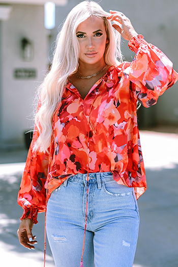 Fiery Red Floral Print Split Neck Tassel Tie Blouse