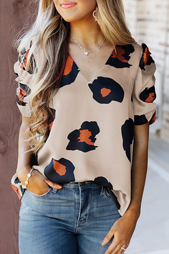 Khaki Ruched Short Sleeve Leopard Print Blouse