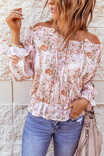 Pink Off The Shoulder Puff Sleeve Ruffled Floral Print Blouse