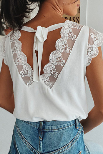 White Lace Patchwork Lace Up Backless V Neck Blouse