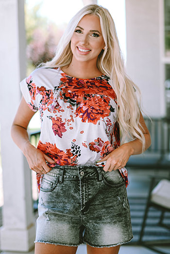 Fiery Red Floral Short Sleeve Round Neck Blouse