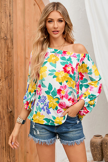 White Water Painting Flowers Puff Sleeve Blouse