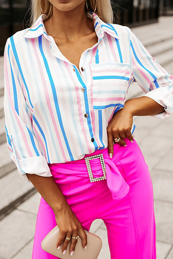 Sky Blue Striped Button Roll Tab Sleeve Shirt