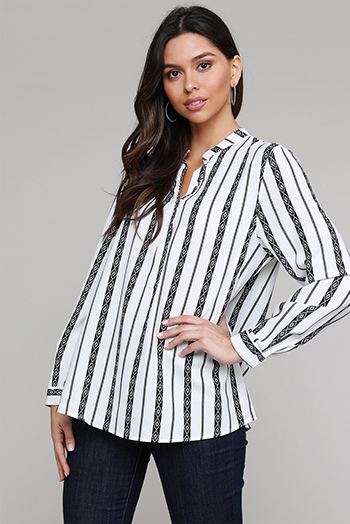 Black V Neck Striped Button Down Blouse