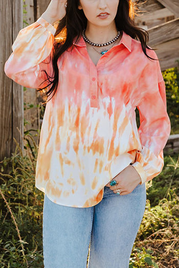 Red Tie Dye Print Lace Up Buttoned Henley Top