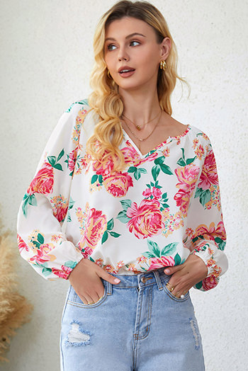 White Notch V Neck Floral Pleated Puff Sleeve Blouse