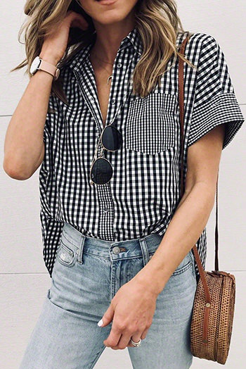 Black Gingham Play Button Down Shirt