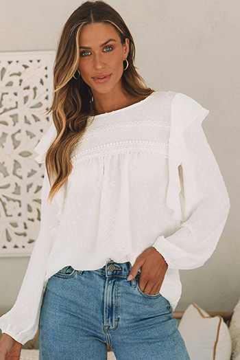 White Lace Eyelet Ruffle Shoulder Long Sleeve Blouse