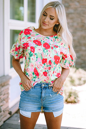 Red Floral Print Ruffled Short Sleeve V Neck Blouse