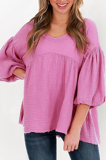 Pink Crinkle Bubble Sleeve Raw Hem Babydoll Blouse