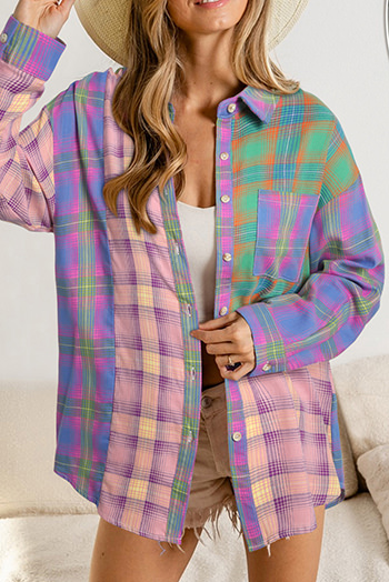 Purple Gradient Plaid Raw Hem Shirt