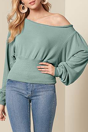 Green Off Shoulder Bishop Sleeve Cinched Waist Blouse