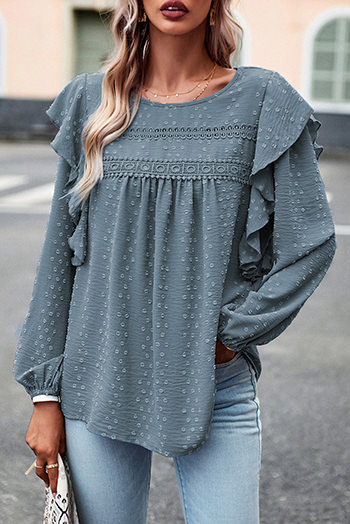 Sky Blue Lace Eyelet Ruffle Shoulder Long Sleeve Blouse