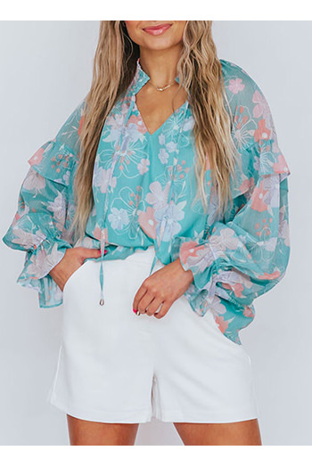 Sky Blue Floral Split Neck Ruffled Puff Sleeve Blouse