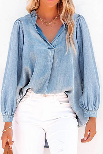 Sky Blue Split V Neck Balloon Sleeve Ruched Denim Top