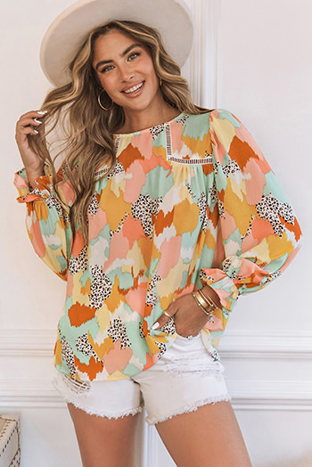 Pink Abstract Printed Long Sleeve Blouse