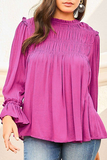 Bright Pink Shirred Button Keyhole Back Flounce Sleeve Blouse