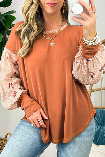 Gold Flame Floral Patchwork Puff Sleeve Filled Neck Blouse