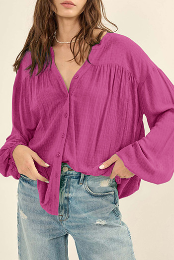 Rose Solid Color Jacquard Puff Sleeve Button up Shirt