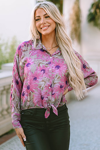 Purple Floral Print Button Up Puff Sleeve Shirt