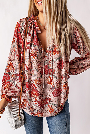 Pink Split V Neck Printed Blouse