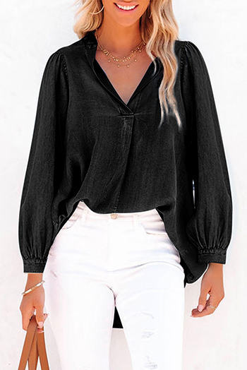 Black Split V Neck Balloon Sleeve Ruched Denim Top