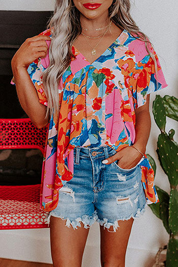 Pink Abstract Print V Neck Flutter Sleeve Blouse