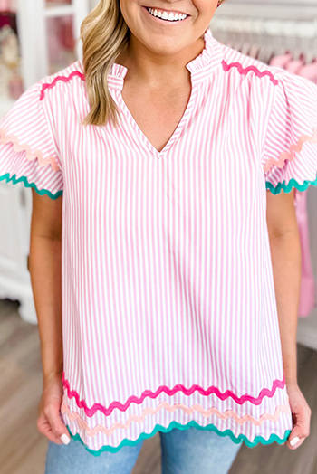 Pink Stripe Ricrac Trim Split Neck Striped Ruffled Sleeve Blouse