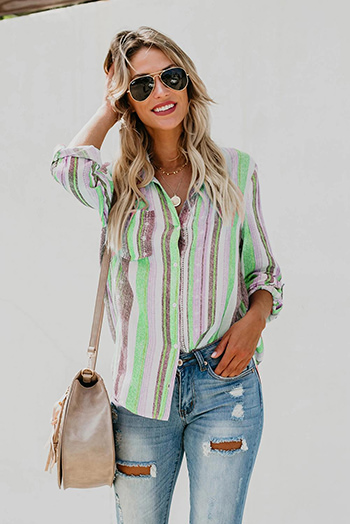 Green Sweet Enough Striped Button Down Top