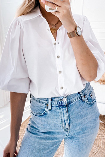 White Turn-down Neck Puff Sleeve Shirt