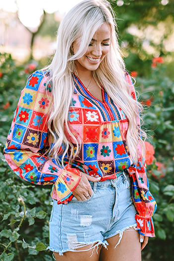 White Checkered Flower Print Bubble Sleeve Blouse