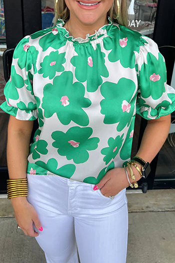 Green Floral Puff Sleeve Frill Neckline Blouse