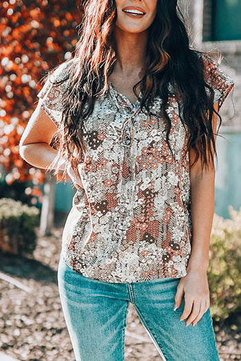 Khaki V Neck Short Sleeve Fashion Print Fantasy Fluttering Blouse