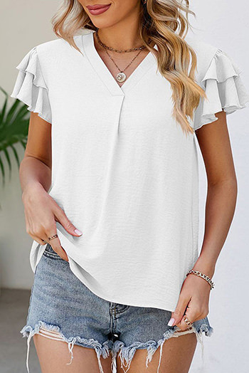 White V Neck Ruffle Short Sleeve Blouse