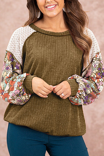 Brown Floral Patchwork Puff Sleeve Textured Blouse