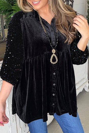 Black Sequin Puff Sleeve Buttoned Velvet Peplum Shirt