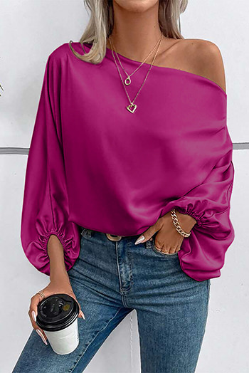 Bright Pink Asymmetrical Neck Balloon Sleeve Satin Blouse