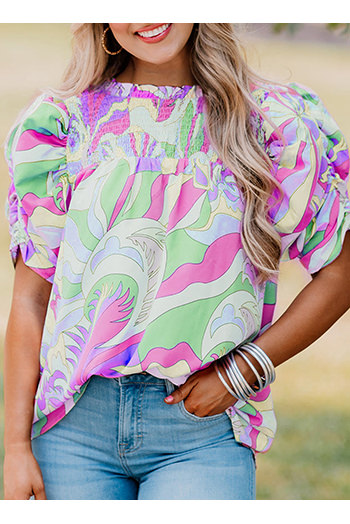 Green Abstract Print Bubble Sleeve Smock Detail Blouse