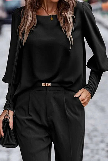 Black Plain Button Back Cuffed Puff Sleeve Blouse