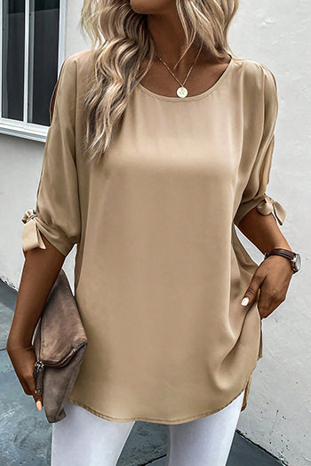 Parchment Knotted Slits Half Sleeve Tunic Blouse