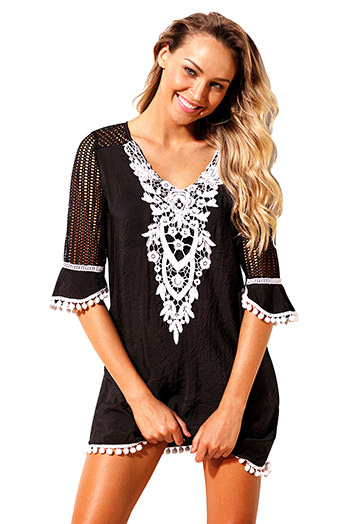 Black Crochet Pom Pom Trim Beach Tunic Cover up