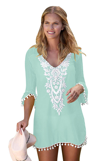 Green Crochet Pom Pom Trim Beach Tunic Cover up