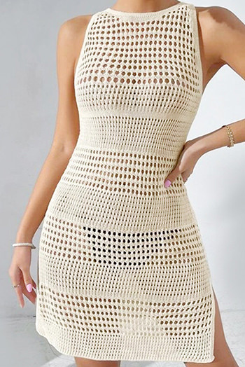 Beige Sexy Open Back Hollowed Knit Sleeveless Beach Dress