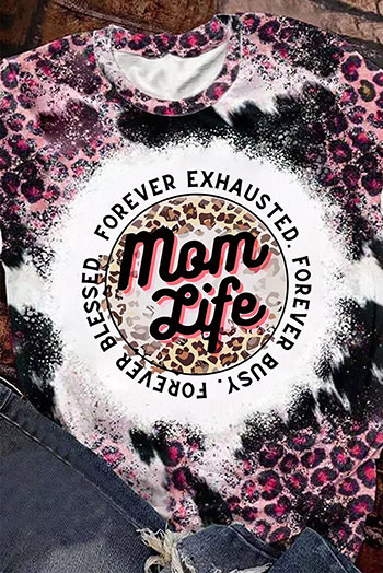 Pink Mom Life Slogan Leopard Bleached Print Graphic Tee