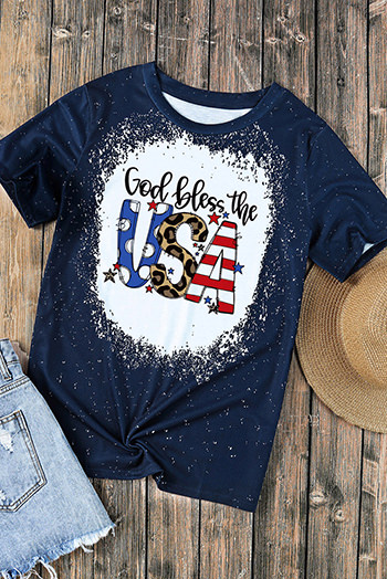 Blue God Bless the USA Print Bleach Short Sleeve T Shirt