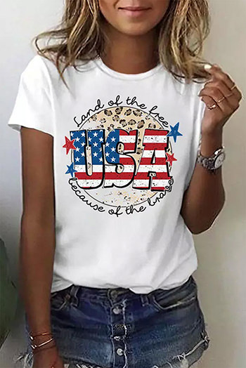 White USA Flag Slogan Graphic Print Short Sleeve T Shirt