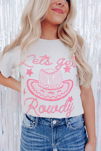 White Lets Get Rowdy Hat Star Print Short Sleeve T Shirt