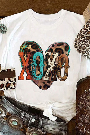 White XOXO Heart Shaped Print Crew Neck Graphic Tee